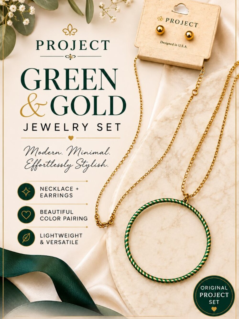 Project Gold Green Circle Pendant Necklace Stud Earrings Jewelry Set New on Card